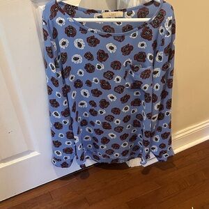 LOFT Blue Blouse with Red and White Floral Pattern